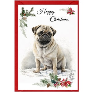 Mops Weihnachtskarte (15 x 10 cm) Blanko - mit Umschlag.  Perfekter Artikel für jeden Hundeliebhaber
