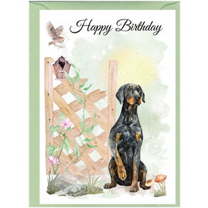 Dobermann Hund ""Happy Birthday"" Glückwunschkarte (15,5 x 10,5 cm) mit Umschlag - Leere Innenseite für Ihre eigene Nachricht." Perfekt für jeden Hundefreund