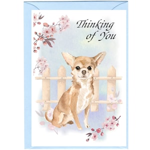 Carte « Je pense à vous » pour chien chihuahua à pelage lisse (6 x 4 po.) avec enveloppe - Vierge à l'intérieur pour votre propre message. Parfait pour tous les amoureux des chiens