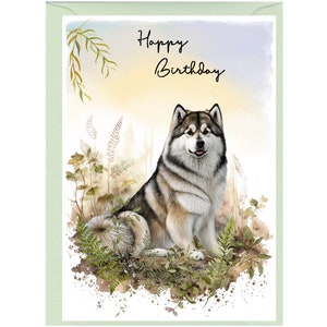 Biglietto di auguri "Happy Birthday" per cane Alaskan Malamute (6" x 4") con busta - Interno vuoto per il tuo messaggio. Perfetto per ogni amante dei cani