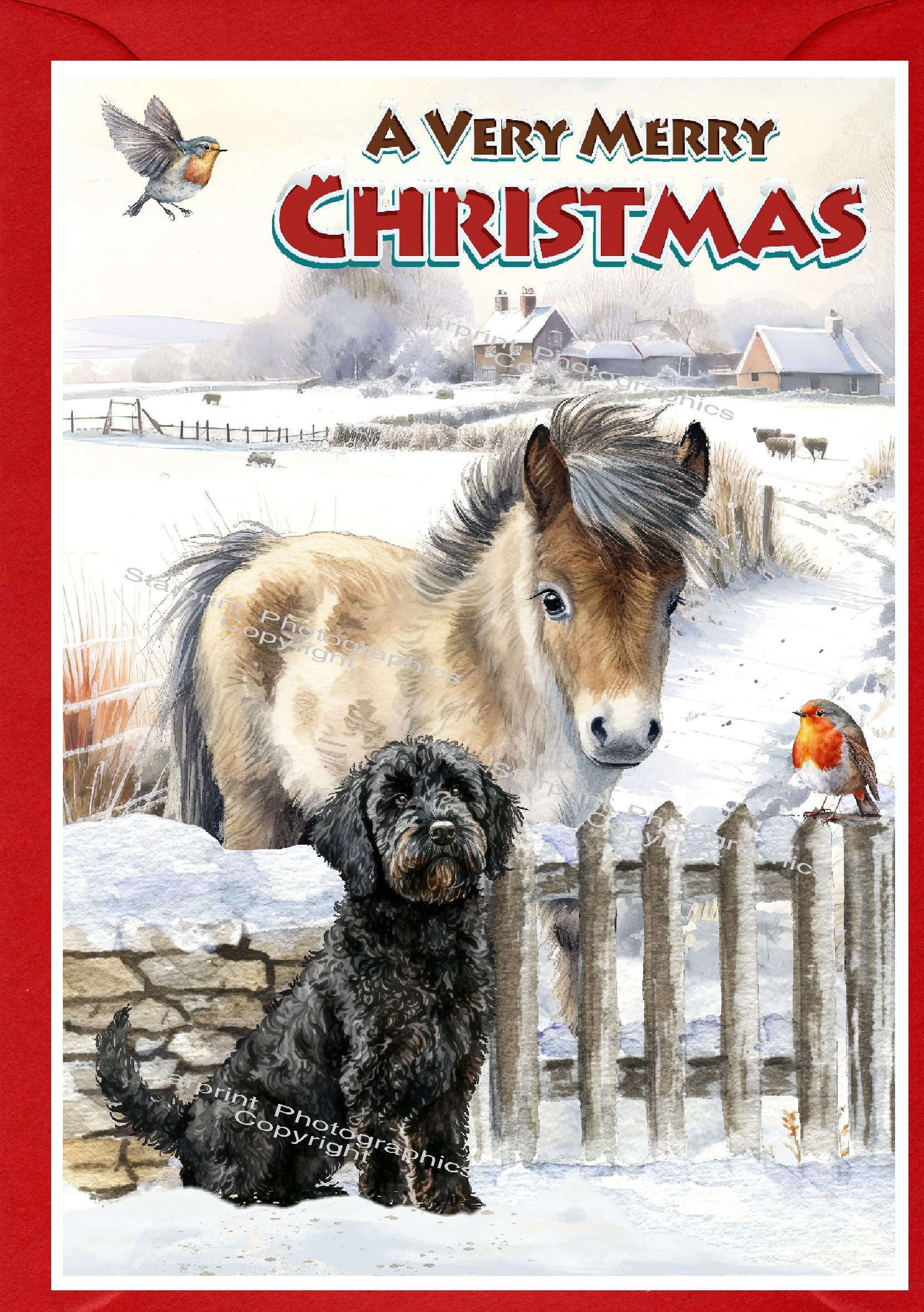 Labradoodle (black) Dog With Pony Christmas Card (6" X 4") Blank Inside ...