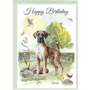 "Happy Birthday ""Happy Birthday"" Karte mit Deutsche Dogge (6 "x 4") mit Umschlag." Leer innen für Ihre eigene Nachricht. Perfekt für jeden Hundefreund