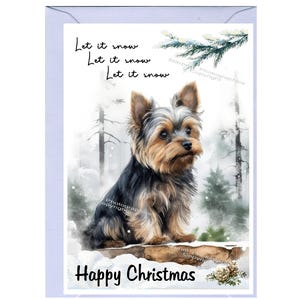 Tarjeta navideña con un perro Yorkshire Terrier o Yorkie (15,24 x 10,16 cm). Interior en blanco y con sobre. Artículo perfecto para cualquier amante de los perros.