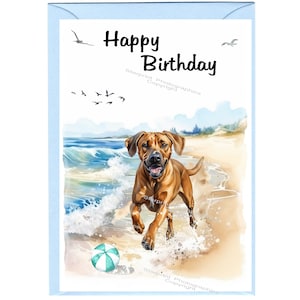 Biglietto "Happy Birthday" del cane Rhodesian Ridgeback (6"x 4") con busta. Vuoto all'interno per il tuo messaggio. Perfetto per ogni amante dei cani