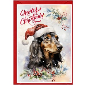 Carte de Noël pour chien teckel (poil long) (6 x 4 po.) vierge à l'intérieur - avec enveloppe. Article parfait pour tous les amoureux des chiens