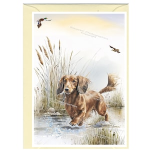 Gepersonaliseerde langharige rode hond wenskaart teckel (6 "x 4") met envelop.  Kaart kan indien gewenst blanco worden gelaten