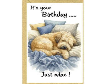 Cartão de aniversário para cachorro Wheaten Terrier de pelo macio (15 cm x 10 cm) com envelope. Interior em branco para sua mensagem. Perfeito para qualquer amante de cães.