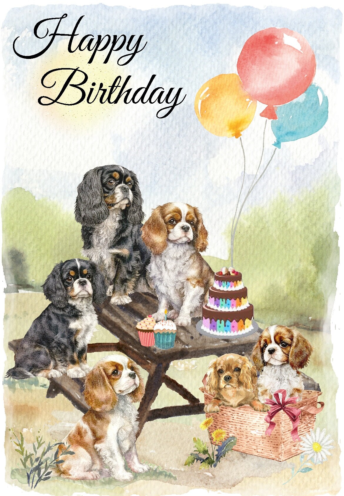 Biglietto di auguri Buon compleanno con cane Cavalier King Charles Spaniel (Ruby) (15,2 x 10,2 cm) con busta - Interno vuoto per il tuo messaggio. - Italia