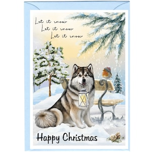 Kerstkaart Alaskan Malamute-hond (6 x 4 inch) met blanco binnenkant - met envelop.  Perfect item voor elke hondenliefhebber