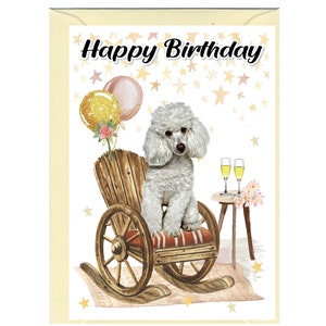 Poedel witte hond "Happy Birthday"-kaart (6 x 4") met envelop. Blanco binnenkant voor je eigen bericht. Perfect voor elke hondenliefhebber