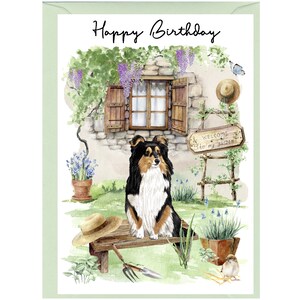 Tarjeta de feliz cumpleaños para perro pastor de Shetland o perro sheltie (15 x 10 cm) con sobre. Interior en blanco para escribir tu propio mensaje. Perfecta para cualquier amante de los perros