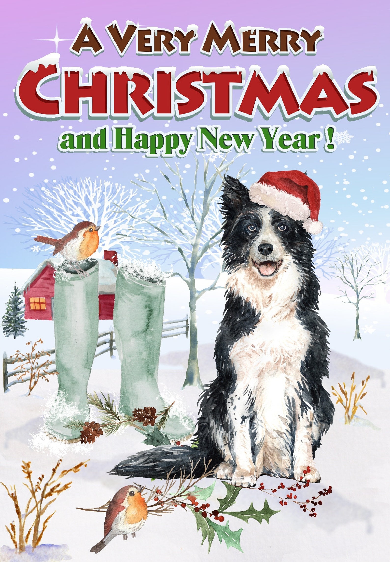 Border Collie Dog Christmas Card (6" X 4") Blank Inside - With Envelope ...