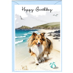 Carte « Joyeux anniversaire » Chien de berger Shetland / Sheltie Dog (6 x 4 po.) avec enveloppe. Blanc à l'intérieur pour votre propre message. Parfait pour tous les amoureux des chiens