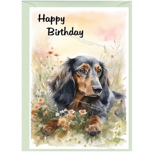Cartão "Feliz Aniversário" para Cachorro Dachshund de Pelo Longo (6" x 4") com Envelope - Em branco por dentro para sua própria mensagem. Perfeito para qualquer amante de cachorro.