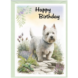 Carte « Joyeux anniversaire » chien West Highland White Terrier (6 x 4 po.) avec enveloppe - vierge à l'intérieur pour votre propre message. Parfait pour tous les amoureux des chiens