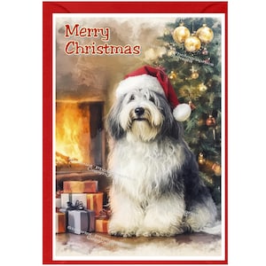 Cartão de Natal Old English Sheepdog (15 cm x 10 cm), em branco por dentro - com envelope. Item perfeito para qualquer amante de cães.