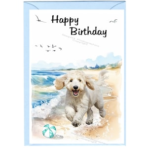 Carte « Joyeux anniversaire » Doodle / Labradoodle blanc / chien Goldendoodle (6 x 4 po.) avec enveloppe - Vierge à l'intérieur pour votre propre message.