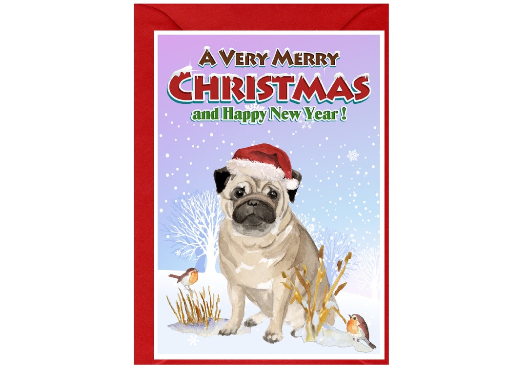 Pug Dog Christmas Card (6" X 4") Blank Inside - With Envelope. Perfect ...