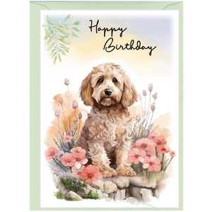 Biglietto "Happy Birthday" Cockapoo/Doodle Dog (6" x 4") con busta - Interno vuoto per il tuo messaggio. Perfetto per ogni amante dei cani