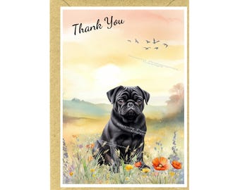 Tarjeta de agradecimiento de perro Pug negro (6" x 4") con sobre - Interior en blanco para su propio mensaje.