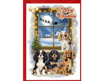 Könnte beinhalten: Weihnachtskarte mit vier Cavalier King Charles Spaniel Hunden. Roter Rand. Winterliche Schneelandschaft mit Fenster, Weihnachtsbaum und dem Schriftzug „Merry Christmas“.