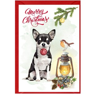 Tarjeta navideña para chihuahua de pelo liso (15 x 10 cm). Interior en blanco y sobre incluido. Ideal para cualquier amante de los perros.