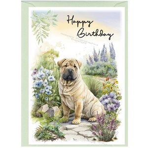 Carte « Joyeux anniversaire » Chien Shar Pei (6 x 4 po.) avec enveloppe. Blanc à l'intérieur pour votre propre message. Parfait pour tous les amoureux des chiens