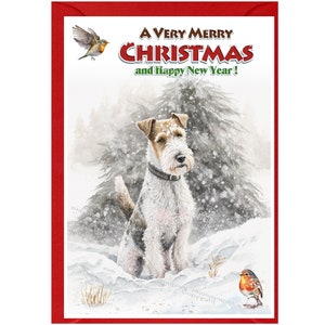 Carte de Noël métallique pour chien Fox Terrier (6 x 4 po.) vierge à l'intérieur - avec enveloppe. Article parfait pour tous les amoureux des chiens