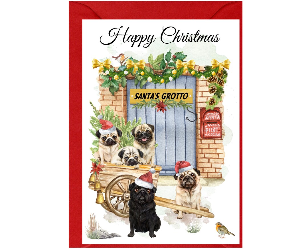 Pug Dog Christmas Card (6" X 4") Blank Inside - With Envelope. Perfect ...