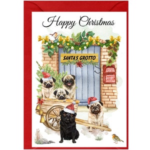 Tarjeta navideña con diseño de perro carlino (15,24 x 10,16 cm). Interior en blanco y con sobre. Artículo perfecto para cualquier amante de los perros.