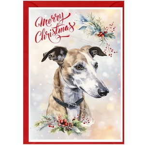 Carte de Noël chien lévrier (6 x 4 po.) vierge à l'intérieur - avec enveloppe.  Article parfait pour tous les amoureux des chiens