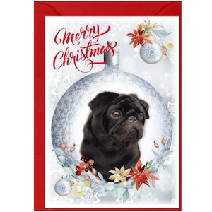 Mopshond (zwarte) kerstkaart (6" x 4") met blanco binnenkant - met envelop.  Perfect item voor elke hondenliefhebber