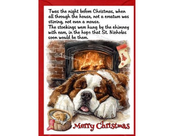 Op de afbeelding: Kerstkaart met een slapende Sint-Bernard hond voor een open haard. De kaart bevat de tekst "Twas the night before Christmas...Merry Christmas". Een kous hangt boven de open haard.