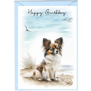 Papillon (vlinder) hond "Happy Birthday"-kaart (6 x 4") met envelop. Blanco binnenkant voor je eigen bericht. Perfect voor elke hondenliefhebber