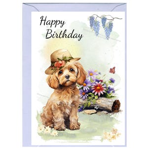 Biglietto "Happy Birthday" Cavapoo/Doodle Dog (6" x 4") con busta - Interno vuoto per il tuo messaggio. Il saluto può essere modificato se richiesto