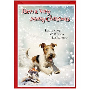 Carte de Noël métallique pour chien Fox Terrier (6 x 4 po.) vierge à l'intérieur - avec enveloppe.  Article parfait pour tous les amoureux des chiens