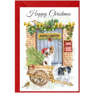 Papillon vlinder hond kerstkaart (6" x 4") blanco binnenkant - met envelop.  Perfect item voor elke hondenliefhebber