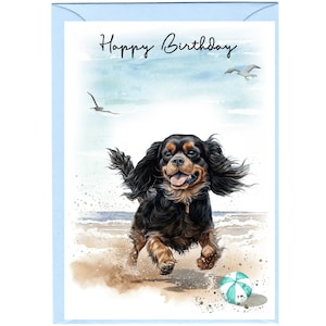 Cavalier King Charles-spaniël (zwart en bruin) hond "Happy Birthday"-kaart (6" x 4") met envelop - blanco binnenkant voor je eigen bericht.