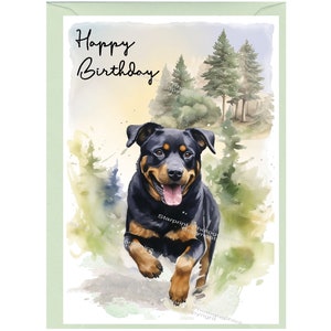 Biglietto "Happy Birthday" cane Rottweiler (6"x 4") con busta. Vuoto all'interno per il tuo messaggio. Perfetto per ogni amante dei cani
