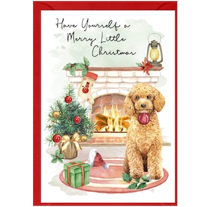 Tarjeta navideña con un perro caniche color albaricoque (15,24 x 10,16 cm). Interior en blanco y con sobre. Artículo perfecto para cualquier amante de los perros.