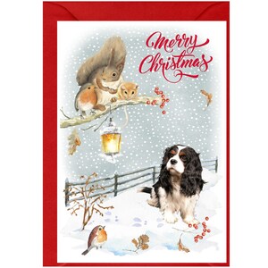 Biglietto di Natale con Cavalier King Charles Spaniel (tricolore) (15x10 cm). Interno vuoto, con busta. Articolo perfetto per ogni amante dei cani.