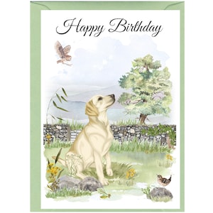 Biglietto di auguri "Buon compleanno" con cane Labrador Retriever (giallo) (6" x 4") con busta - Interno vuoto per scrivere il tuo messaggio.