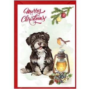Tarjeta navideña con diseño de perro habanero (15 x 10 cm). Interior en blanco y con sobre. Artículo perfecto para cualquier amante de los perros.