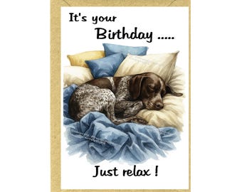 Tarjeta de cumpleaños para perro Braco Alemán (15 x 10 cm) con sobre. Interior en blanco para tu mensaje. Perfecta para cualquier amante de los perros.