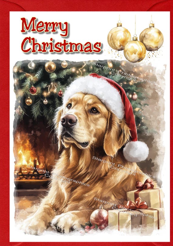 ゴールデンレトリバーのクリスマスカード（6インチ×4インチ）内側は