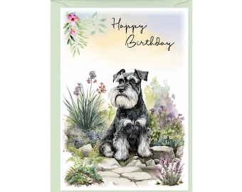 Miniature Schnauzer Dog "Happy Birthday" Card (6" x 4") with Envelope - Blank inside for your own message. Perfect for any dog lover