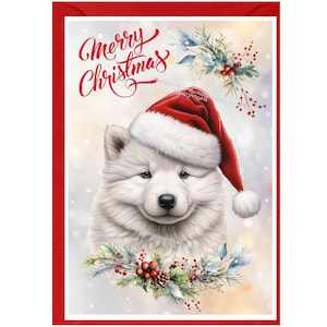 Tarjeta navideña con diseño de perro samoyedo (15,24 x 10,16 cm). Interior en blanco y con sobre. Artículo perfecto para cualquier amante de los perros.