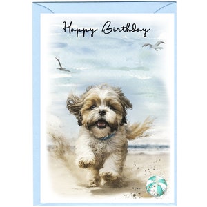 Karta urodzinowa Lhasa Apso Dog „Happy Birthday” (6"x 4") z kopertą. Pusta w środku na własną wiadomość. Idealna dla każdego miłośnika psów