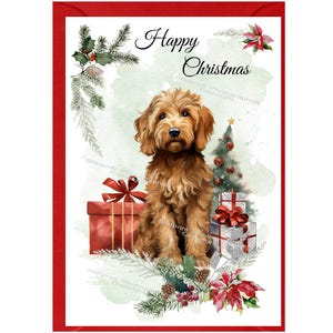 Labradoodle/Golden doodle hond kerstkaart (6" x 4") blanco van binnen - met envelop.  Perfect item voor elke hondenliefhebber