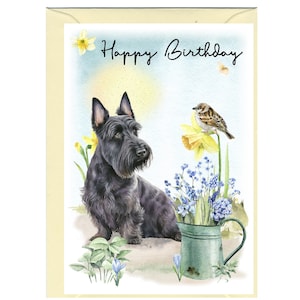 Tarjeta "Feliz Cumpleaños" de Scottish Terrier / Scottie Dog (6" x 4") con sobre - Interior en blanco para su propio mensaje. Perfecto para cualquier amante de los perros.
